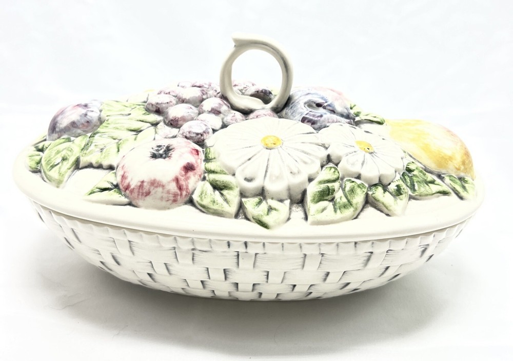 Candy Dish Ceramic Lidded Dish Hand Painted & Signed Weaved Bottom VTG Fruit