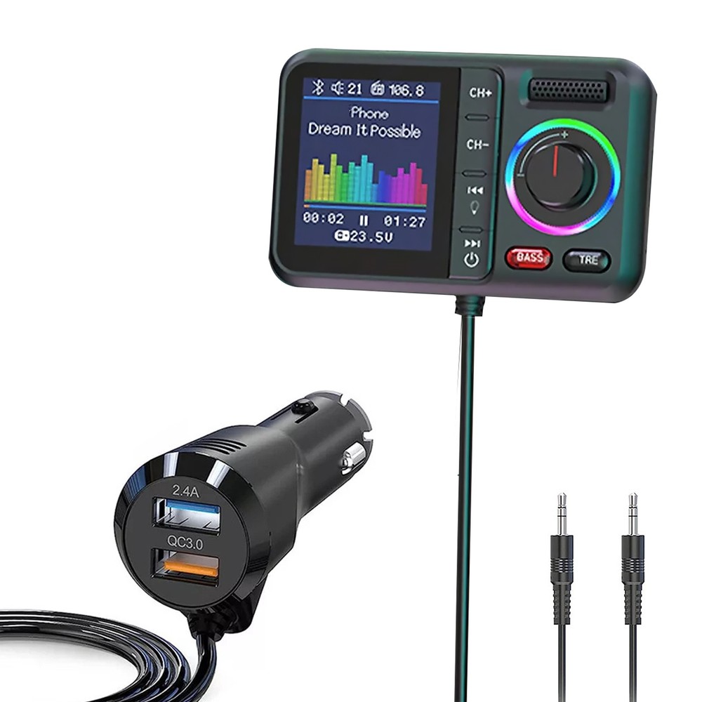 ABS Bluetooth 5.0 Car Wireless FM Transmitter Adapter 2USB PD Charger AUX