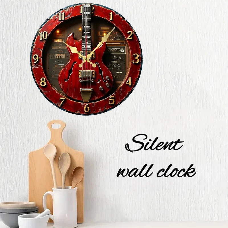 Modern 25cm Wall Clock - Vintage 2D Home Guitar Design