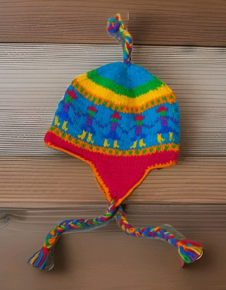 Peruvian 100% Wool Hat Multicolor Chullo Hat Ear Flap Rainbow Boho Granola Braid