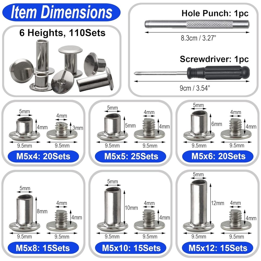 110 Assorted Chicago Screws - Durable Silver Rivets for Leather Craft Projects