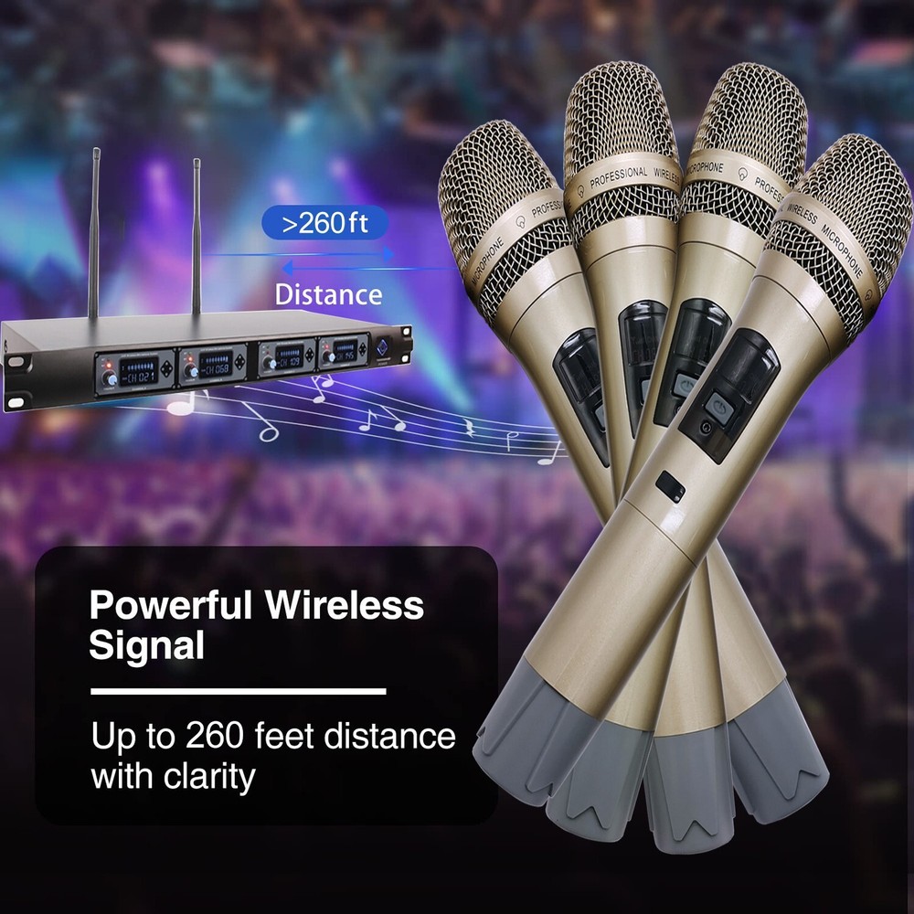 4 Channel UHF Pro Audio Wireless Microphone System 4 Handheld Metal Dynamic Mic