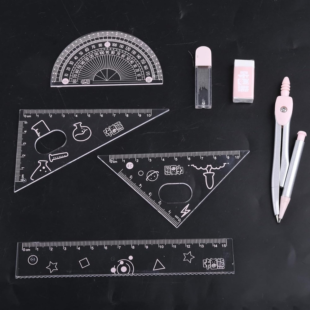 7 Pcs Pink Compass & Protractor Set with Case – Geometry Drafting Tools Kit