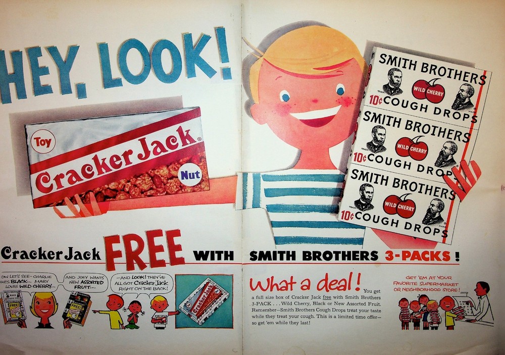 Original 1958 Vintage Candy & Nuts Ad: Ft. Cracker Jack with Smith Brother