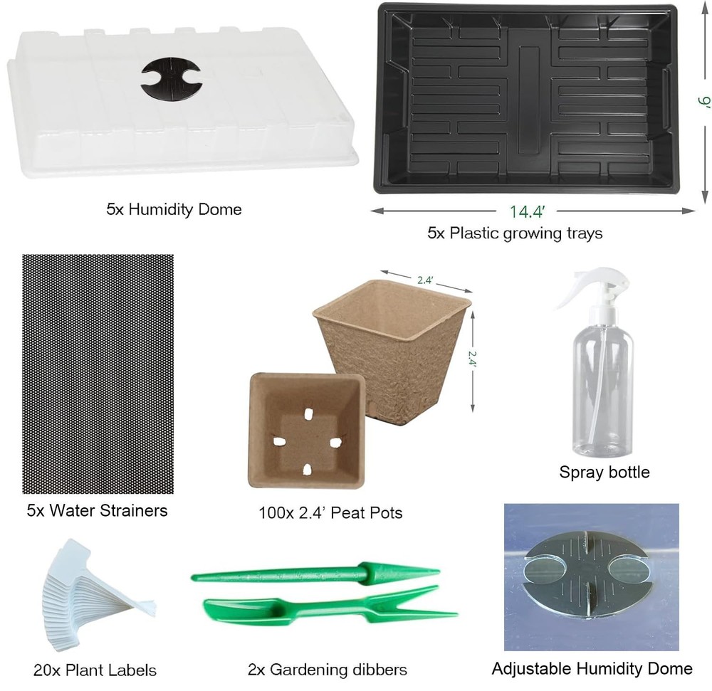 Seed Starter Kit with 100 Peat Pots for Seedlings Seed Starter Tray, 5 Plasti...