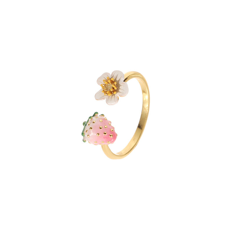 Original Design Pink Enamel Strawberry Flower Fruit Ring Size Adjustable