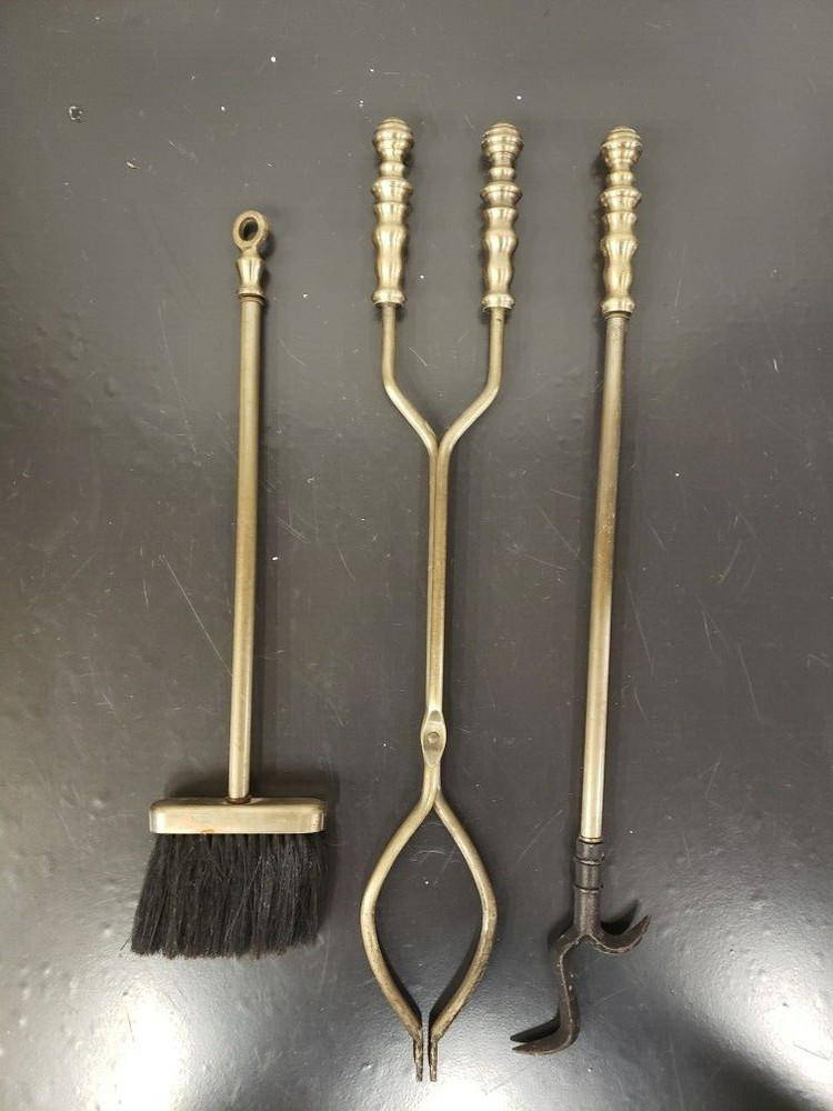 Vintage Brushed Brass Fireplace Tool Set 3 Piece & Stand Classic