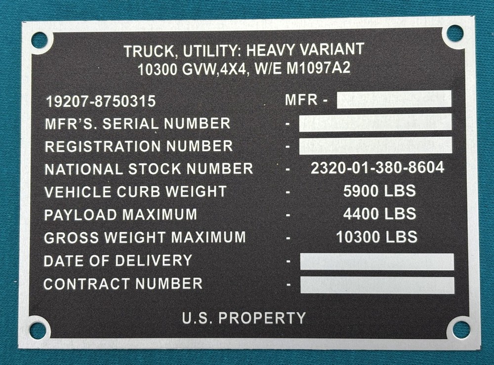 HMMWV Military Data Plate M1097A2 US Army USMC Humvee