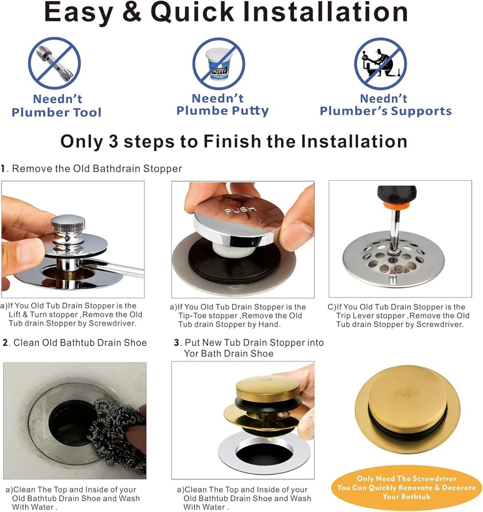 Elegant Brushed Gold Universal Bath Drain Stopper - Easy Installation & Coverage
