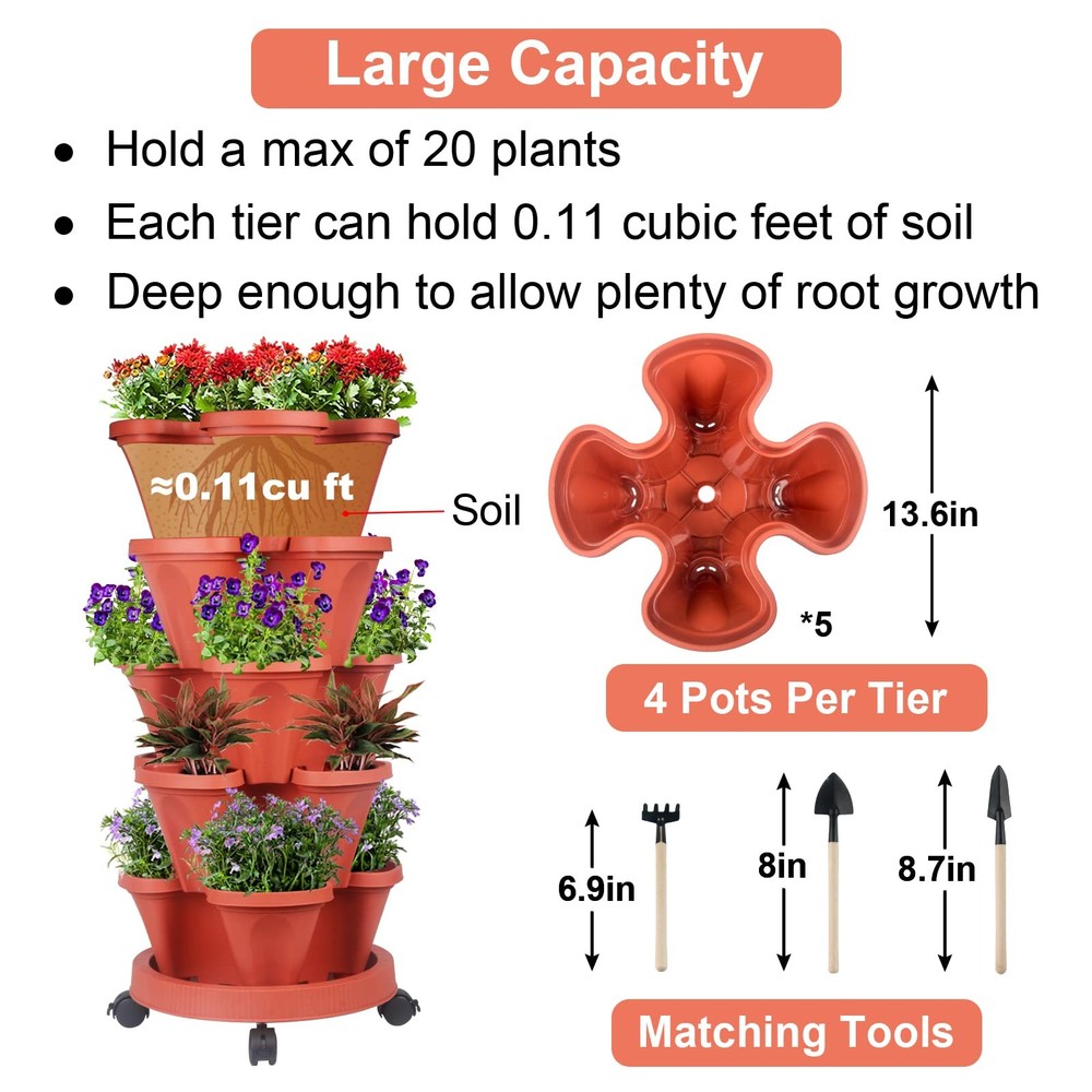GameXcel Vertical Planter 5 Tier Stackable Planters Garden 5 1 Pack, Red