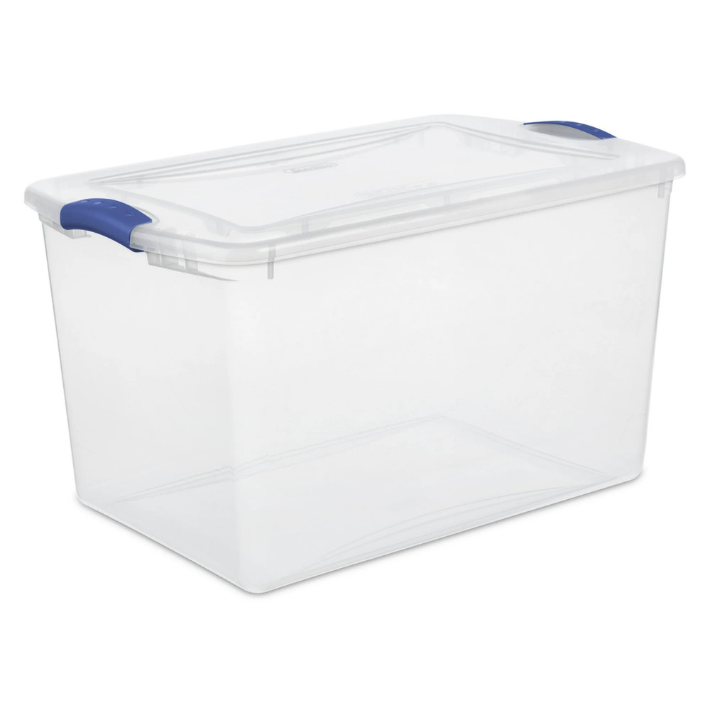 Sterilite 66 Qt Clear Latching Storage Bin Container Blue Lid 4 Pack Stackable
