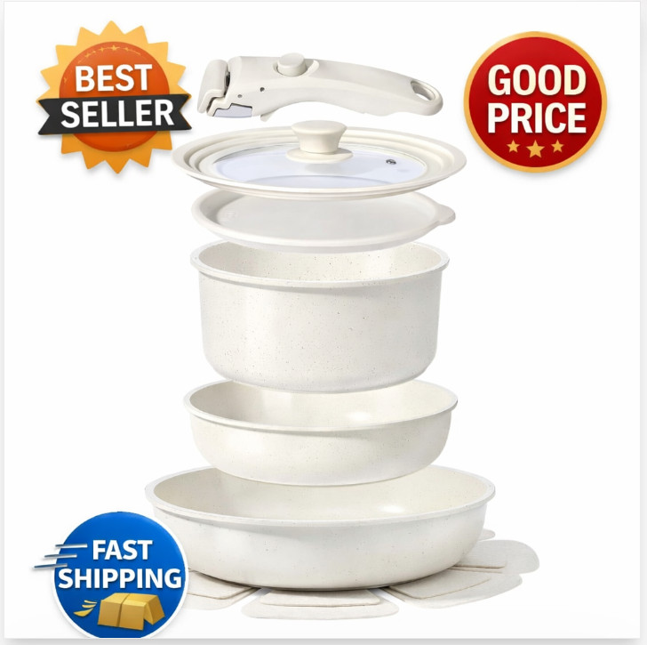 8pc Ceramic Nonstick Cookware Set Detachable Handle Induction Stackable