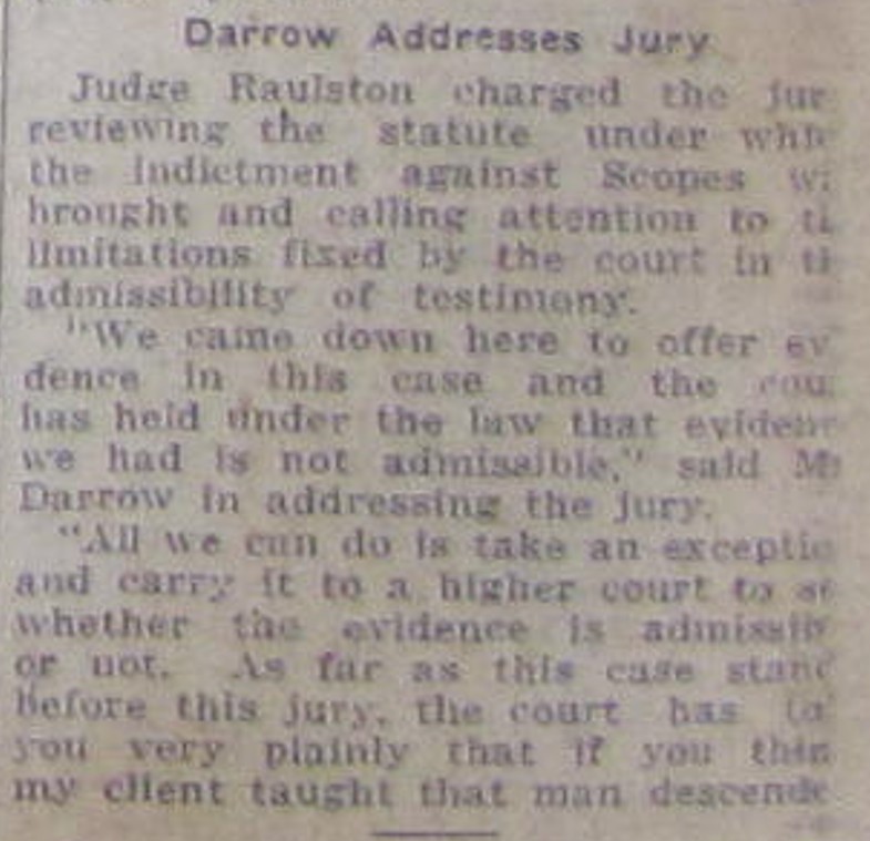 Vintage 1925 Clarence Darrow Evolution Scopes Monkey Trial Newspaper