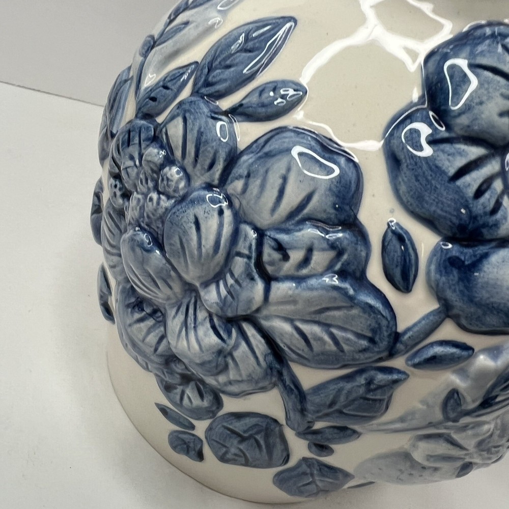 Blue & White Ceramic Pitcher Raised Floral Flowers Fruit