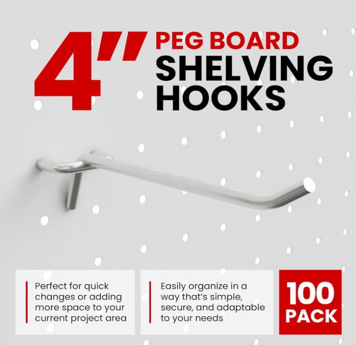 100 Pack PEG Board Pegboard Shelving Hooks 4" Length Metal