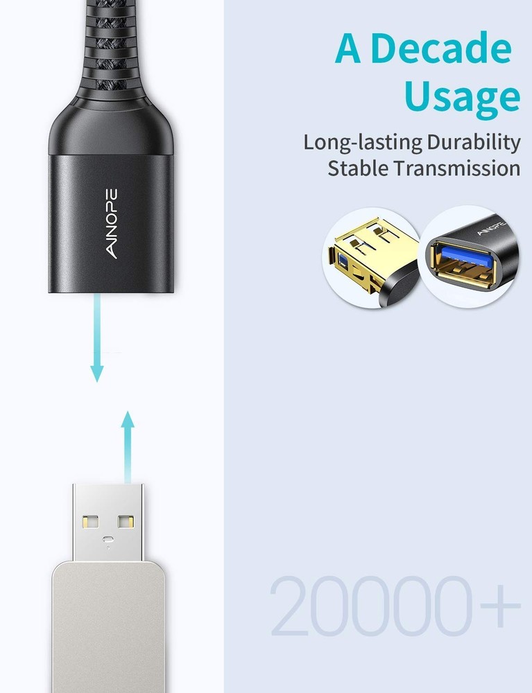 AINOPE 2 Pack USB Extensions Cable High Speed 3.0 6.6FT+6.6FT, Black