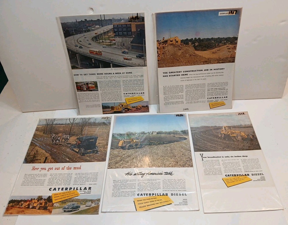 5 Vintage Caterpillar Earth Mover Advertisement Pages