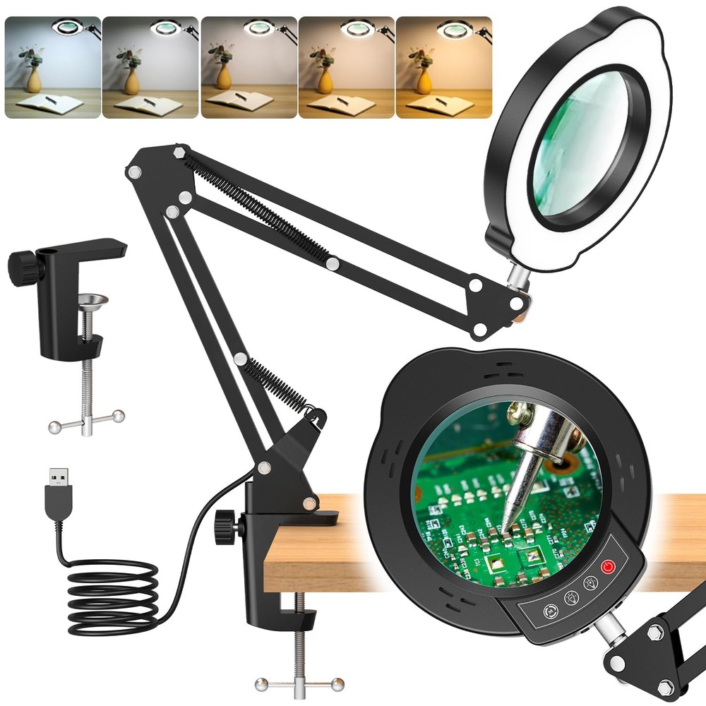 10X Magnifying Glass with Light and Clamp, 5 Color Modes Stepped Dimmable 2-i...