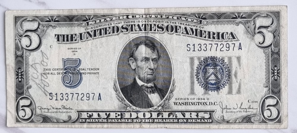 1934 D Five Dollar Silver Certificate $5 Bill Blue Seal Note Better Grade