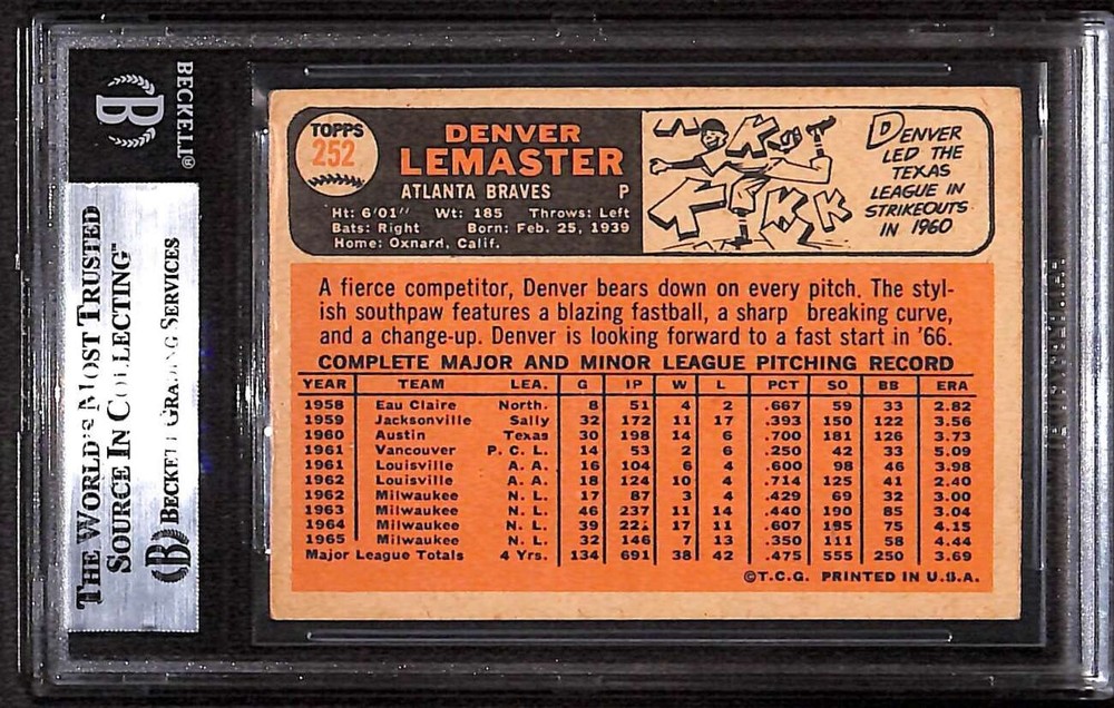 1966 Topps 252 Denny Lemaster BGS Auto Autographed BAS Authentic C99647