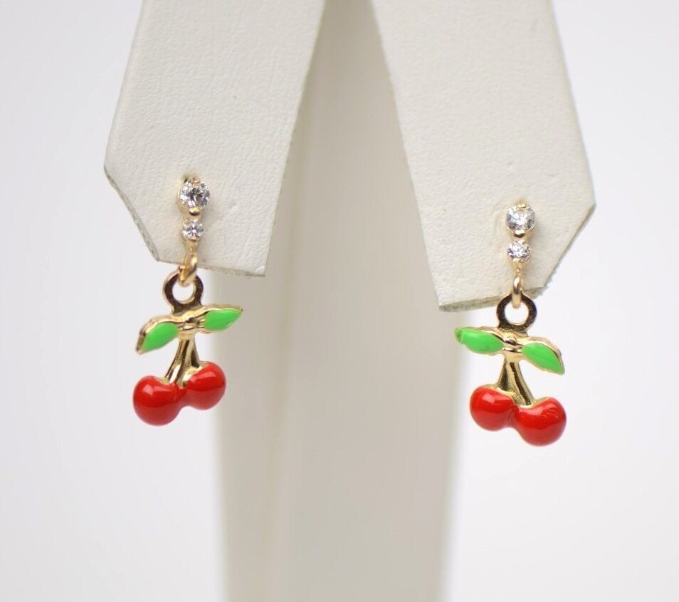 14K Solid Yellow Gold Cherry Enamel CZ Dangle Earrings