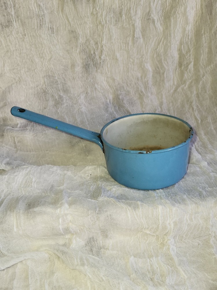 Small vtg blue and white enamel pan