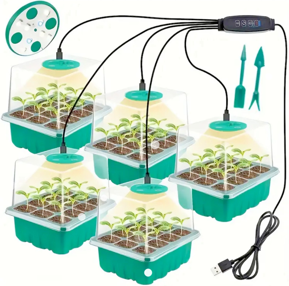 5pk-Seed Starter Kit with Grow Lights -Timer -Dimmer -Ventilation Dome-60cell