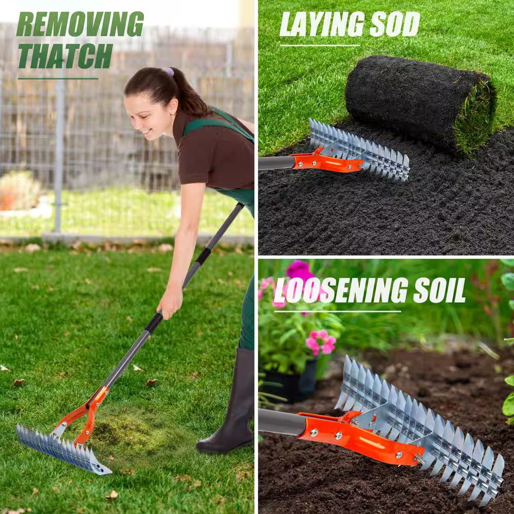 70 In. Adjustable Steel Handle Thatch Rake With19 Tines, Back Saving Lawn Thatch