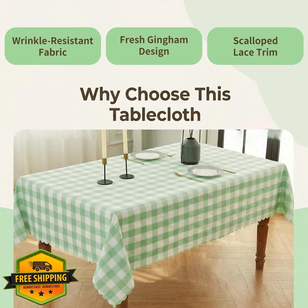 Green Gingham Tablecloth 55x71" Rectangular Checkered Fabric
