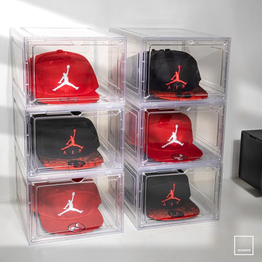 6 Pack Hat Organizer Box Stackable Clear Baseball Caps Holder Box Container NEW