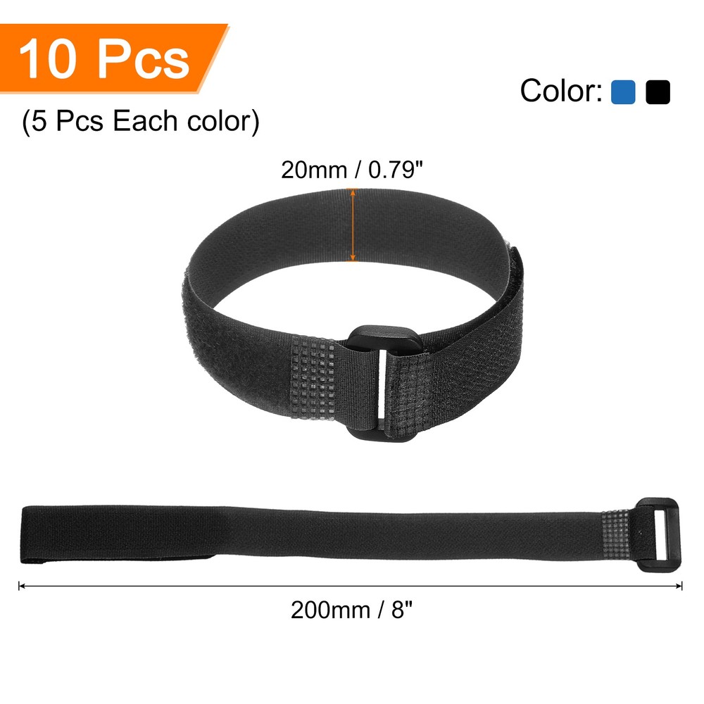 10 Pcs Battery Tie Down Straps, 0.8" x 8" Black/Blue Nylon Hook Loop Strap
