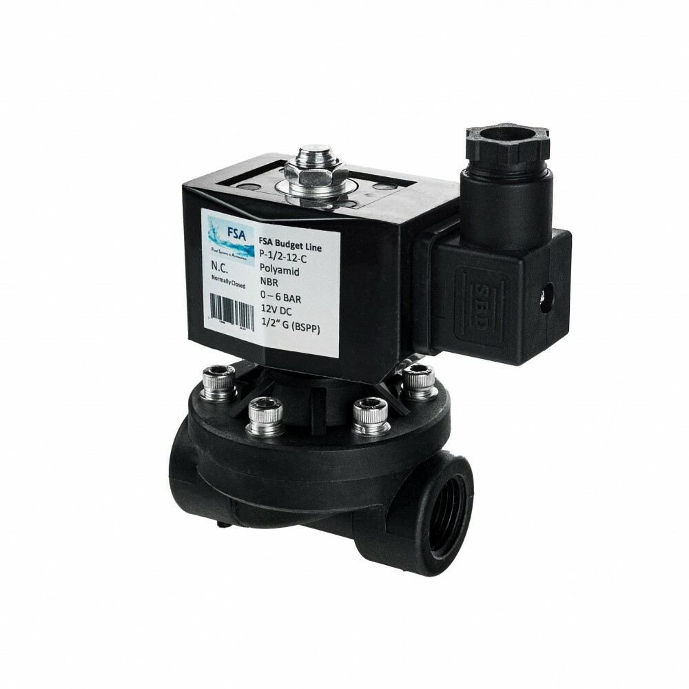 FSA Solenoid Valve Plastic Currentless Closed 1/2-2" up to 90°C