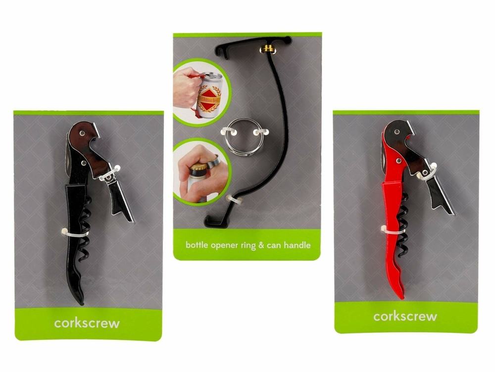 Kitchen Wine Beverage Tools Bundle (4 pieces) 2 Corkscrews, Bottle Opener Ring,