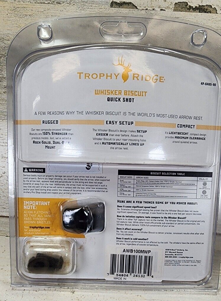 **NEW**Trophy Ridge Quick Shot Whisker Biscuit Arrow Rest Medium AWB100MWP