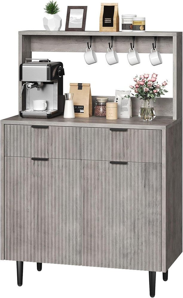 Modern Grey Fluted Sideboard Buffet Cabinet with Adjustable Shelves & Drawers