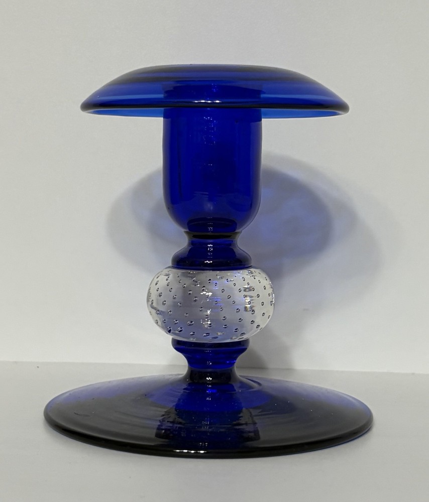 Pairpoint Cobalt Blue Art Glass Controlled Bubble Candlestick ￼
