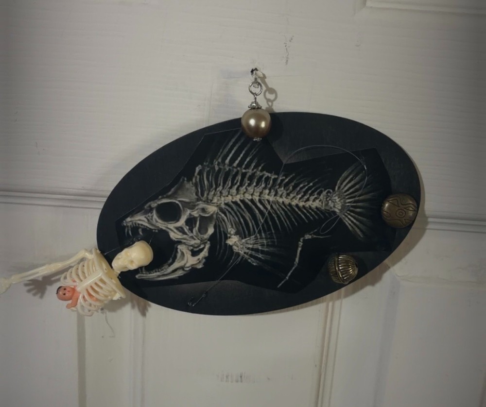 Fish Skeleton Feeding Oddity Plaque Wall Decor Weird OOAK