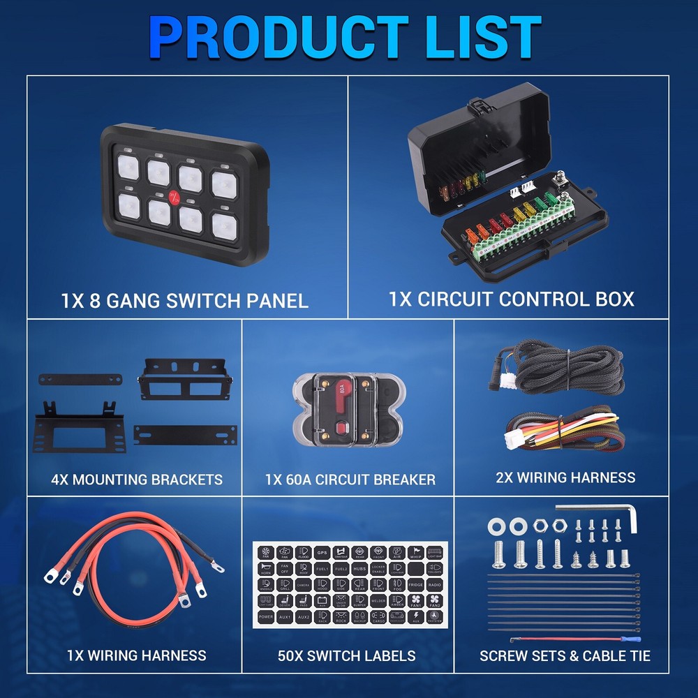 MICTUNING 8 Gang Switch Panel Led Light Electrical Relays System Marine 12/24V
