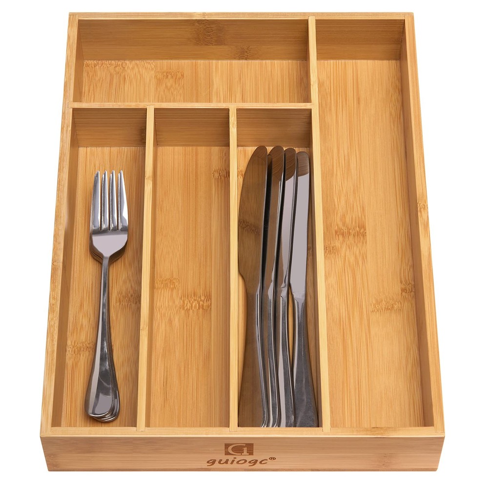 guiogc Kitchen Bamboo Silverware Drawer Organizer，Silverware 5 Slot, Natural