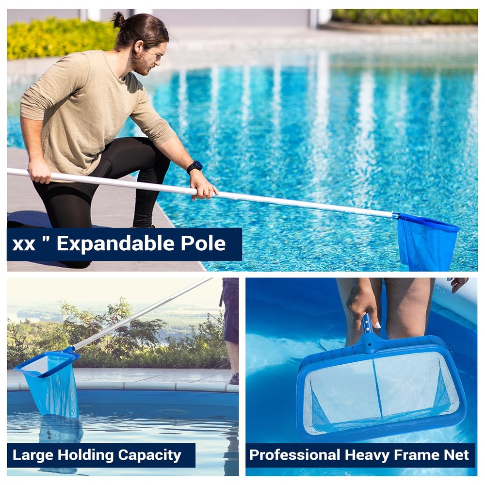 Adjustable Pool Skimmer Net with Telescopic Pole, Fine Mesh, Large Capacity