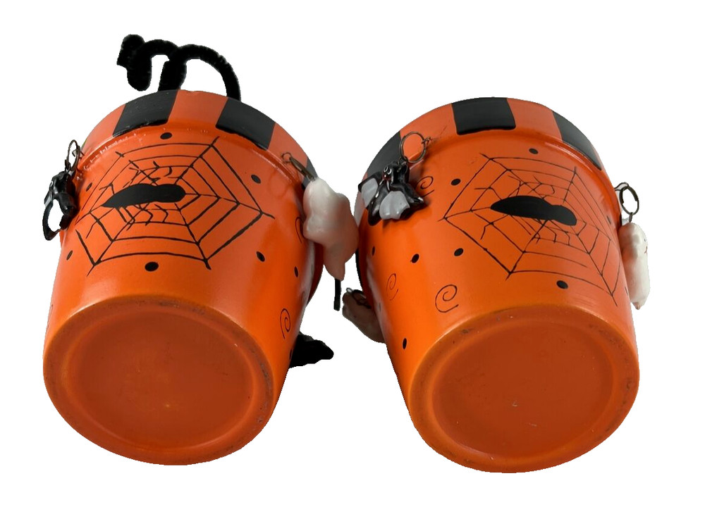 2 Ceramic Halloween Planters 1 Decorated Orange Black Spooky Dangles Spider Webs