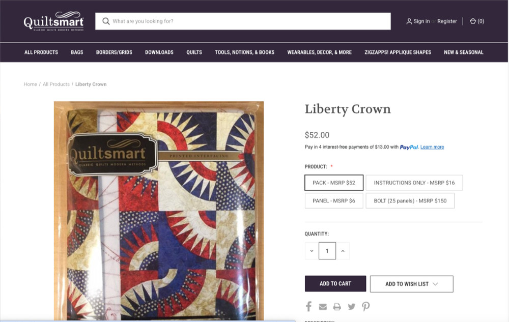 QUILTSMART LIBERTY CROWN Mattie Rhoades Pattern & Printed Interfacing NEW $52