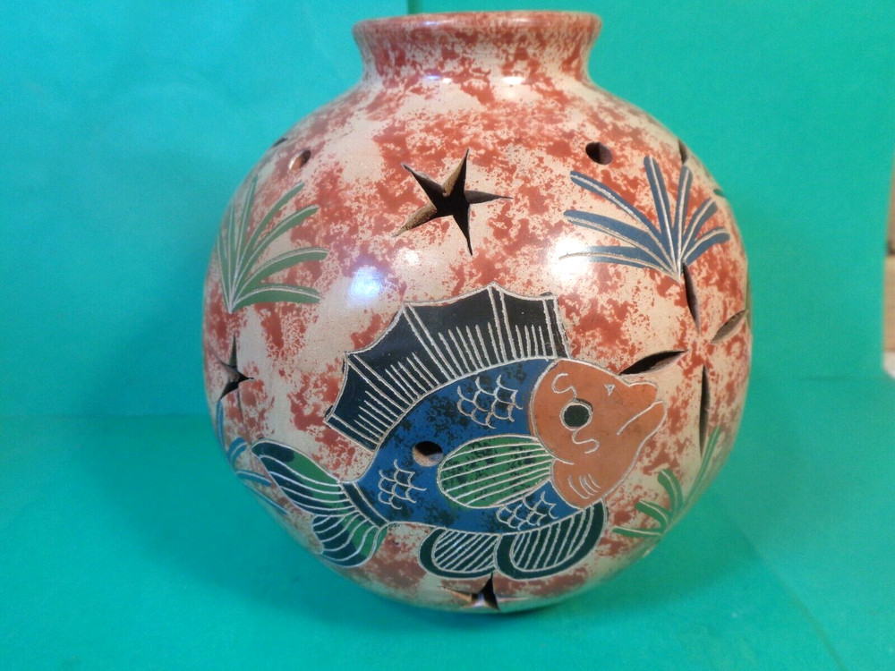 Pottery Tropical Pattern Tea Light/Candle Globe, Brazil (Used/EUC)