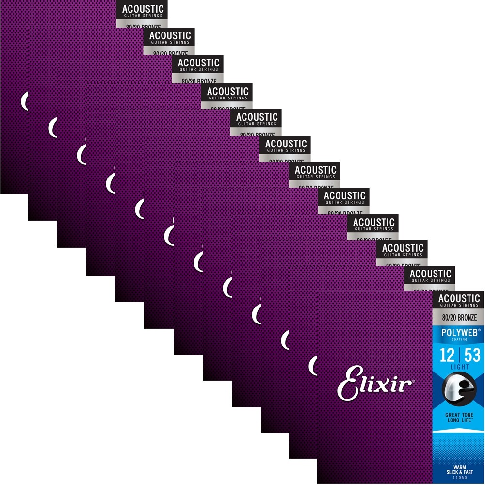 Elixir 11050 Polyweb 80/20 Bronze Light Acoustic Guitar Strings 12-53 12-Pack