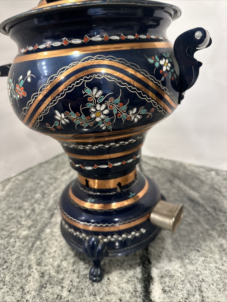 Vintage 5 lt Blue Electric Copper Samovar Tea Set Cylinder Kettle Decorative