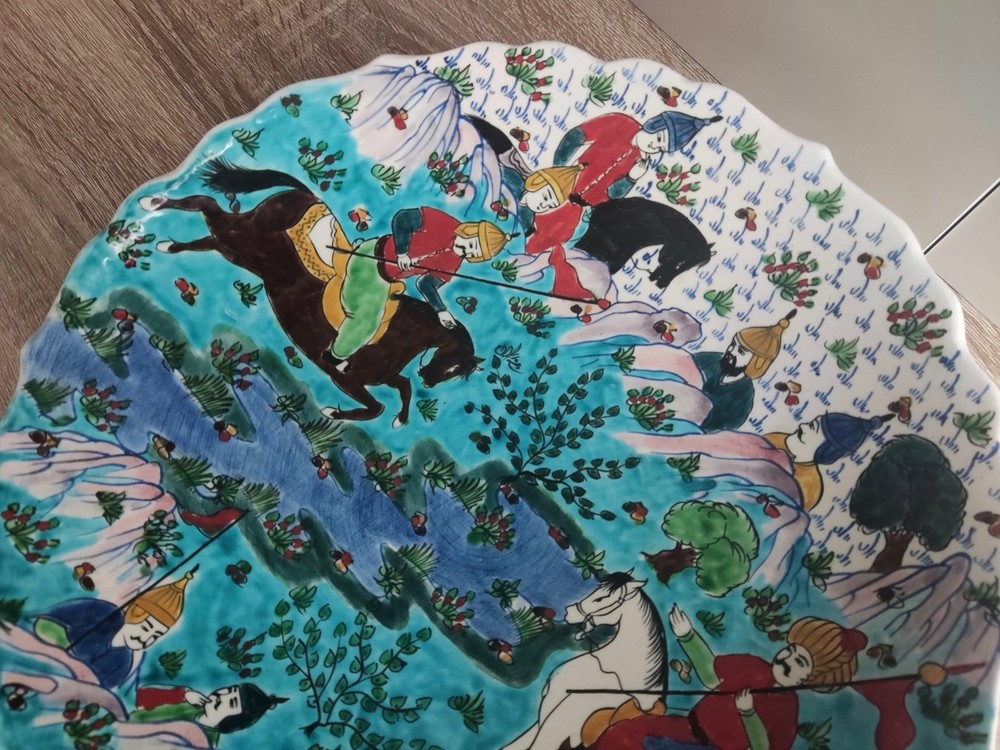 Large vintage painted ceramic plate. Turkey. Signed.