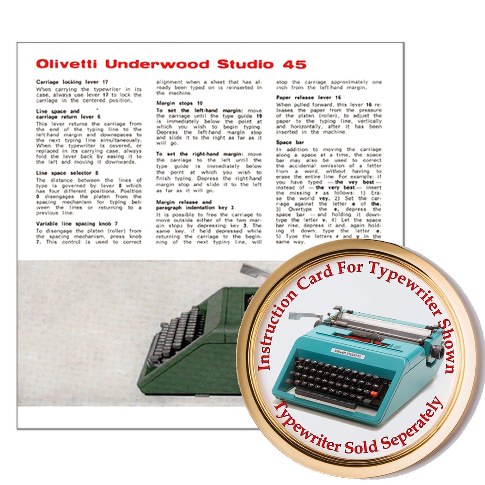 Olivetti Studio 45 Typewriter Instruction Card Owner's Guide User Directions