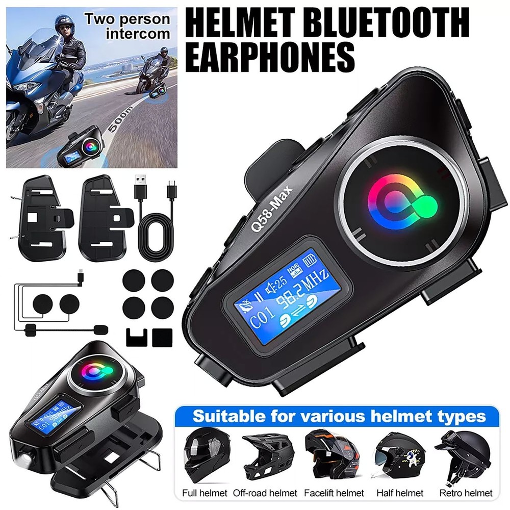 1000mAh Waterproof Bluetooth Headset Motorcycle Intercom Helmet LCD New