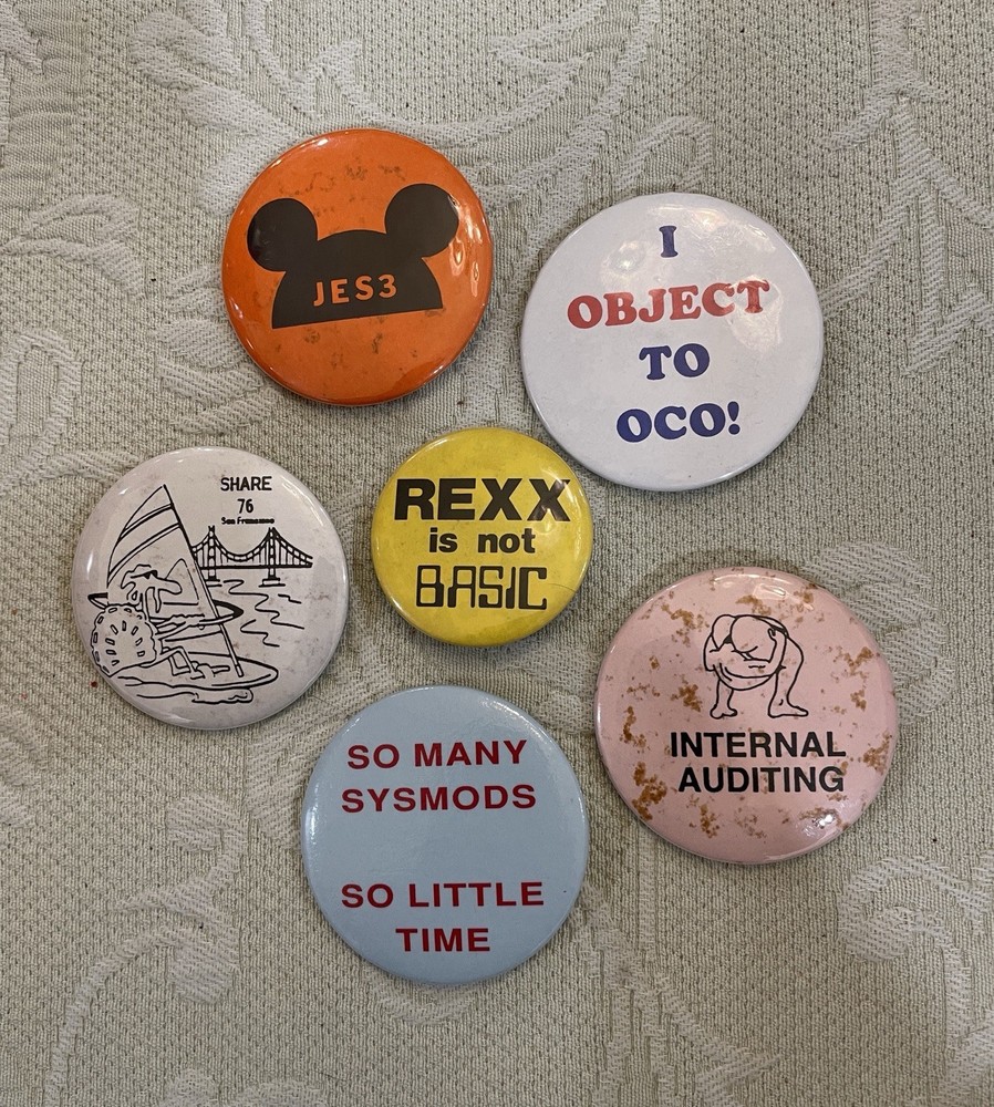 Lot of 6 - Vintage 1990’s - Computer Tech IT Related Button Pins Share/User