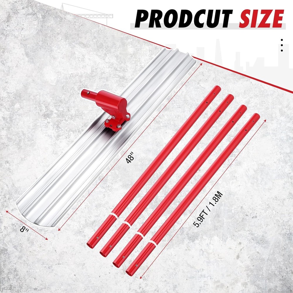 Bull Concrete Float 48"x8" Concrete Tool Trowel Float 4 Handle Round End Red